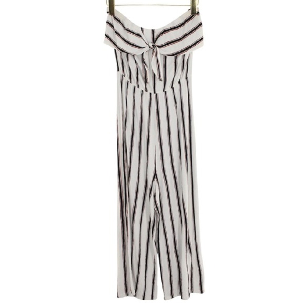Love Tree Jumpsuit Striped Tie‎ Front Off Shoulder Large White Black Rust